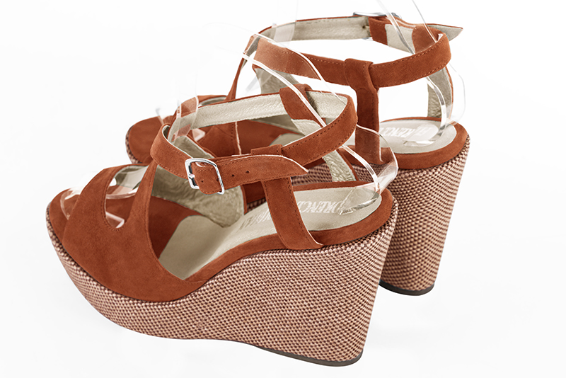 Terracotta orange women's open back sandals, with crossed straps. Round toe. Very high wedge soles. Rear view - Florence KOOIJMAN